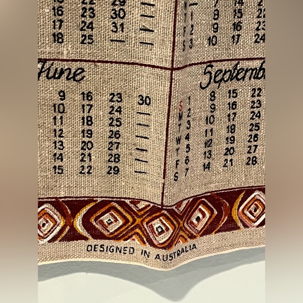 Vintage Aboriginal Art 1974 Calendar Tea Towel in Brown and Tan Pure Linen - Picture 4 of 10